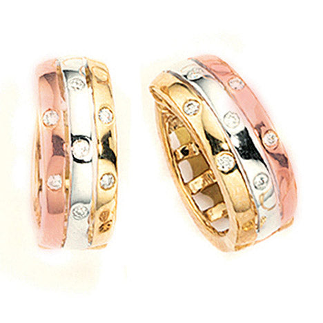 Creolen 333 Gold Gelbgold tricolor dreifarbig 14 Diamanten Brillanten Ohrringe