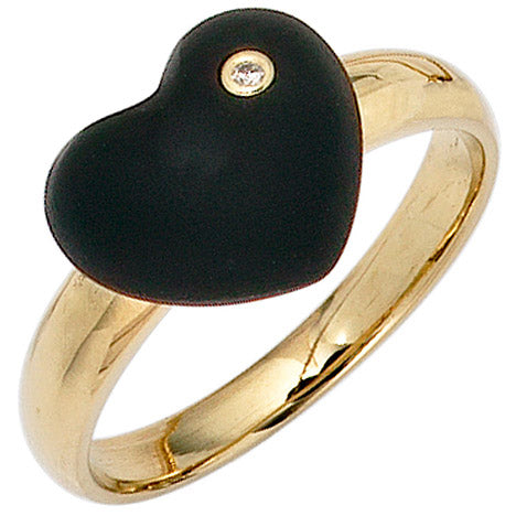 Damen Herz Ring 585 Gold Gelbgold 1 Onyx schwarz 1 Diamant Brillant Goldring - 56