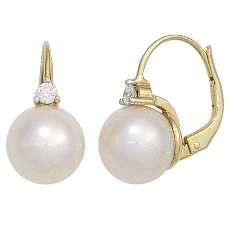 Boutons 585 Gold Gelbgold 2 Süßwasser Perlen 2 Diamanten Ohrringe Ohrhänger