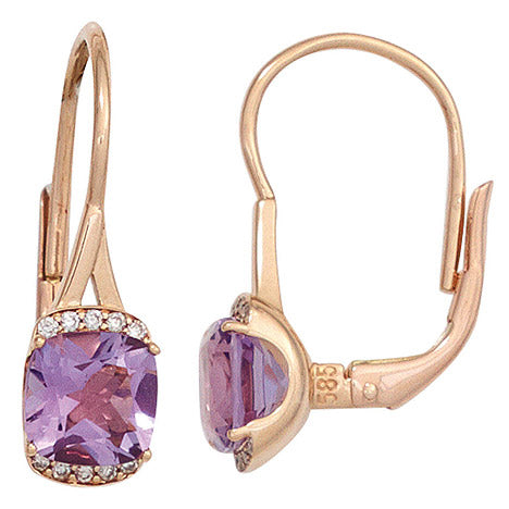 Boutons 585 Gold Rotgold 2 Amethyste lila 20 Diamanten Ohrringe Ohrhänger