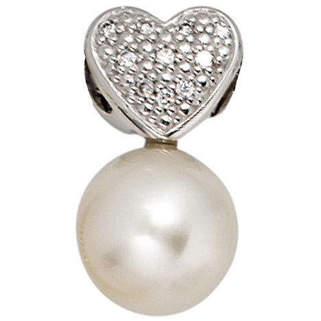Anhänger Herz 585 Gold Weißgold 1 Süßwasser Perle 10 Diamanten Perlenanhänger