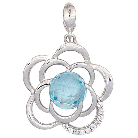 Anhänger Blume 585 Gold Weißgold 1 Blautopas blau hellblau 10 Diamanten Brillant