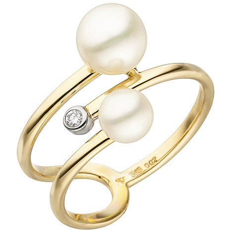 Damen Ring 585 Gelbgold 2 Süßwasser Perlen 1 Diamant Brillant - 56 Unkategorisiert online kaufen