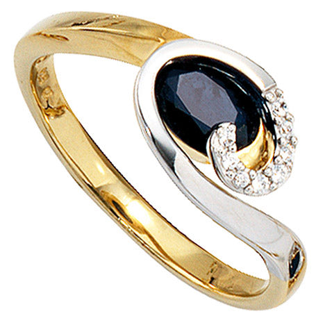 Damen Ring 585 Gold Gelbgold Weißgold 1 Safir blau 8 Diamanten Brillanten - 58 Unkategorisiert online kaufen