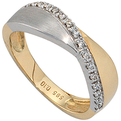 Damen Ring 585 Gold Gelbgold Weißgold bicolor matt 16 Diamanten Brillanten - 54 Unkategorisiert online kaufen