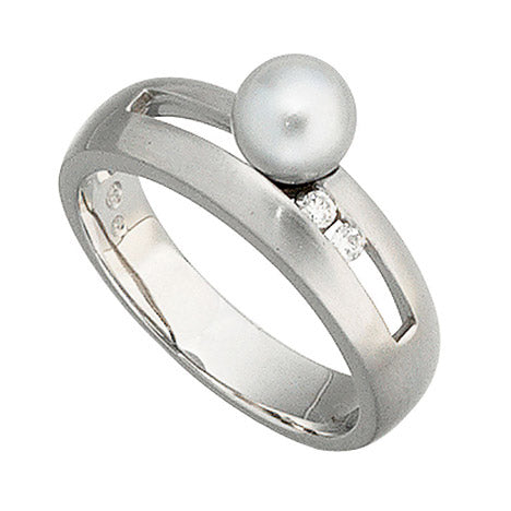 Damen Ring 585 Gold Weißgold mattiert 1 Akoya Perle 2 Diamanten Brillanten - 50 Unkategorisiert online kaufen