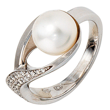 Damen Ring 585 Gold Weißgold mattiert 27 Diamanten Brillanten 1 Akoya Perle - 54 Unkategorisiert online kaufen