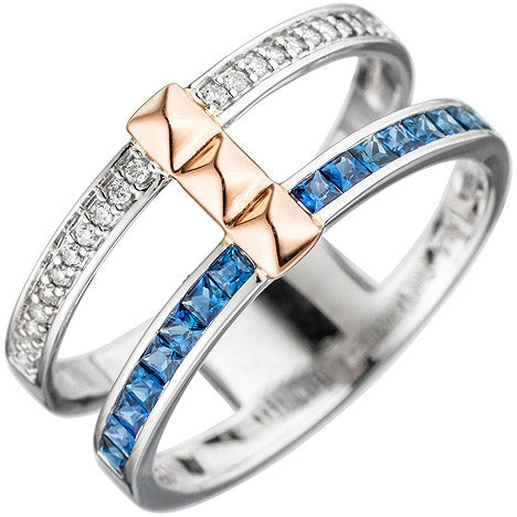 Damen Ring breit 585 Weißgold Rotgold bicolor 16 Safire blau 22 Diamanten - 56 Unkategorisiert online kaufen