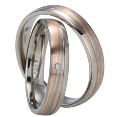 Rauschmayer Mokume Gane Trauringe 4 mm, 14 K Weiß-/Roségold, Brillant 0,01 ct W/SI