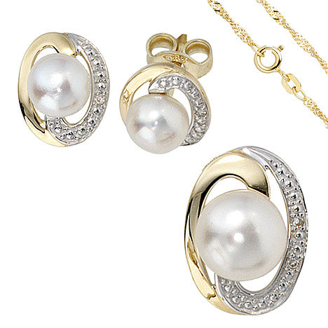 Schmuck-Set 585 Gelbgold bicolor 3 Perlen 4 Diamanten Ohrringe und Kette 42 cm Unkategorisiert online kaufen