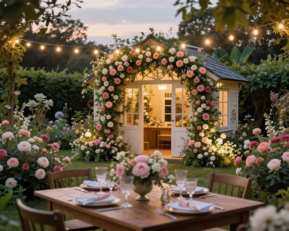 Gartendeko Hochzeit mit Blumen und Licht