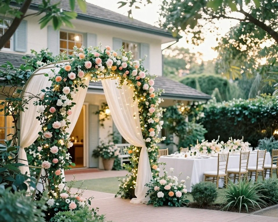 Gartenhaus Hochzeit mit festlich gestaltetem Eingang