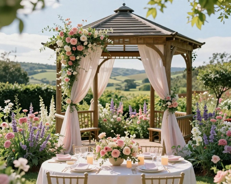 Hochzeitskonzept Garten mit abgestimmten Farben und Blumen